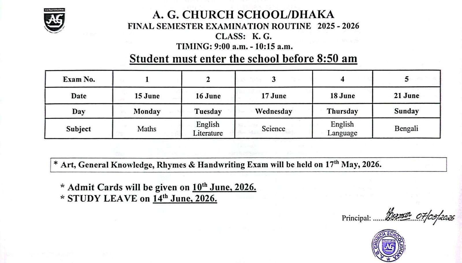 Final Semester 2025-2026 English Medium Class KG